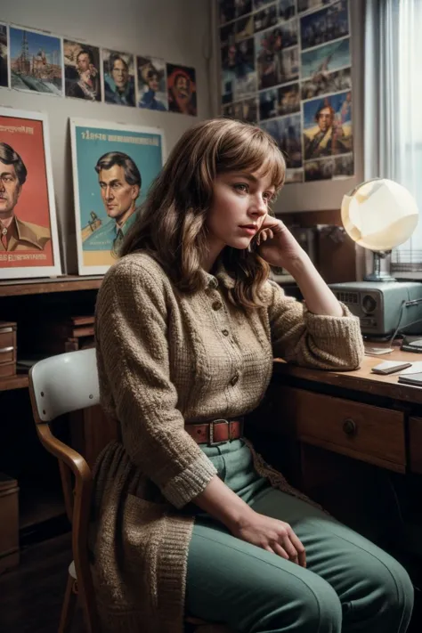 1970s Soviet village girl sitting in a chair in front of a soviet computer in the communal apartment, ((soviet propaganda poster...