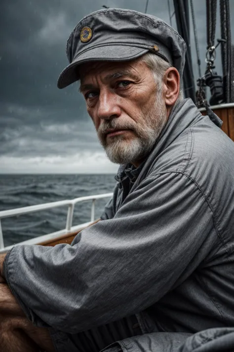 (RAW photo, 8k uhd, Analog style, Masterpiece, Best Quality, Highres:1.4), (dramatic, cinematic:1.2), BREAK,
movie shot of (80 yo:1.2) (old male:1.3) (fisherman:1.25) (sailor man:1.25) (sitting:1.1) (on deck:1.35) of (old dilapidated:1.2) (wooden sailboat:1.3), against railing, (from side:1.2), (stern face:1.2), (deep wrinkles:1.2), (gray long beard:1.3), (grey eyes:1.2), ((shabby:1.2) old (torn:1.15) (raincoat:1.1), brown (pants:1.1), (sailor hat:1.1) (sou'wester:1.2), jackboots:1.1), (lowered head:1.2), (tired sad expression:1.15), BREAK,
(stormy sea, gloomy dark clouds:1.2) on background, (splashes, water drops, rain:1.25), (seafoam:1.1), (flying white seagulls:1.25), (rocks, cliffs:1.3), (dark haze:1.2), (wet clothes:1.1), fishing (nets with fish:1.3) on deck, (ropes:1.1), (tense hopeless eerie atmosphere, cold, floes:1.2), BREAK,
(photorealistic:1.3), (rough details, (male focus:1.1):1.2), (desaturated, cold lighting:1.3), (hyperdetailed, absurdres:1.2), BREAK,
<lora:more_details:0.9>,
<lora:zoom_slider_v1:4.66>,