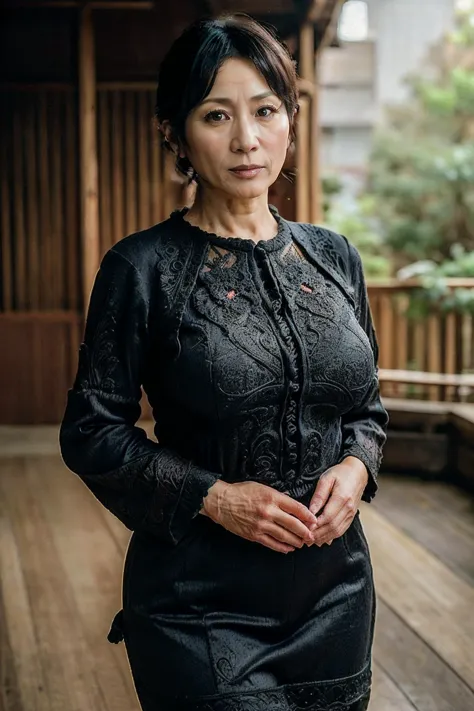 a close up of a woman in a black dress standing on a porch