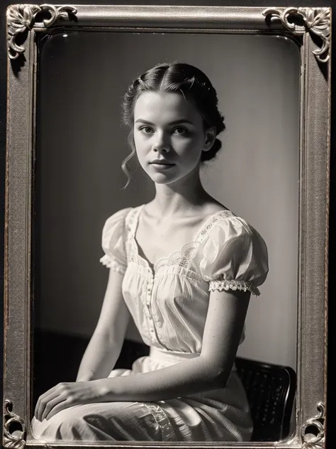 a black and white photo of a woman in a dress sitting in a chair