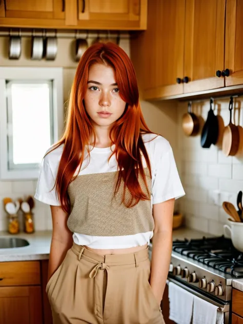 18yo, redhead, in a Kitchen, Freckles on face, standing, beautiful clothes, beautiful face,