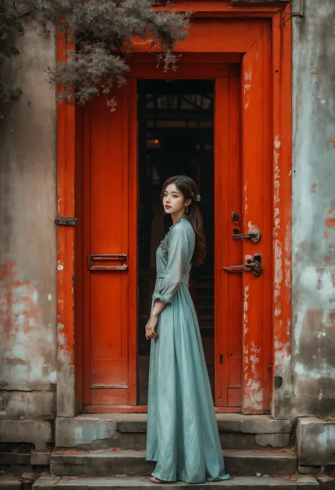 a woman in a blue dress standing in front of a red door