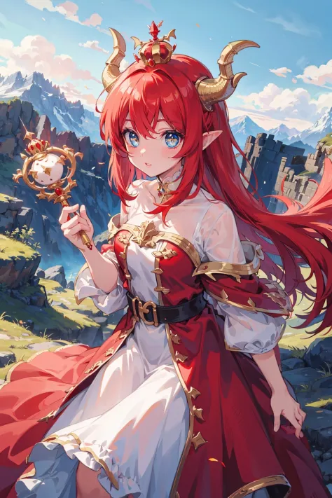 1girl, red_hair, dragon_ears, confident,
castle, mountains, dragons,
(dress/scales/golden), crown, scepter