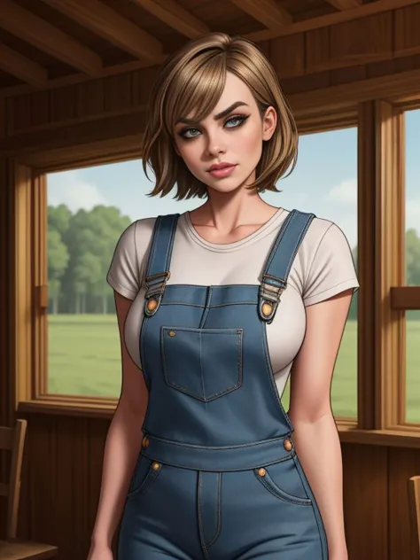 a woman in overalls standing in front of a window