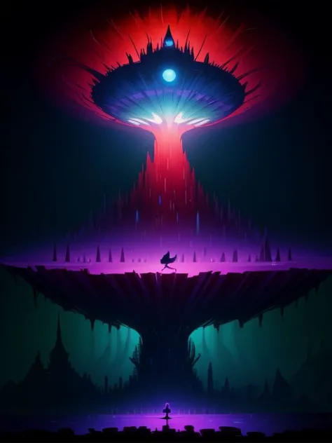 a stylized illustration of a spaceship flying over a mountain with a man standing on top of it