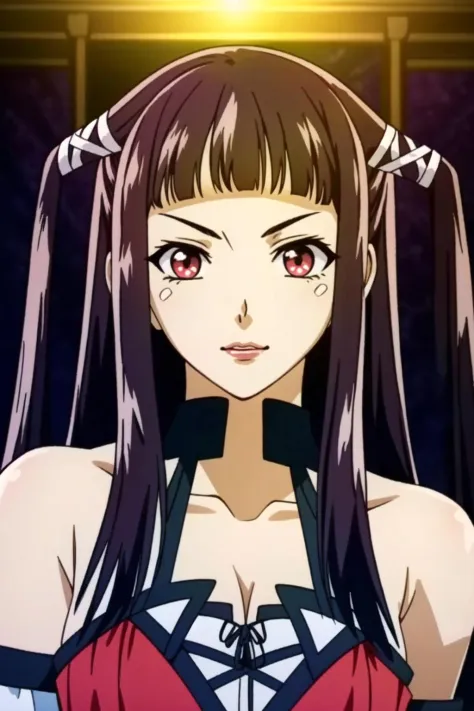 Ruby Toujo, 1girl, solo, long hair, brown hair, two side up, red eyes, ribbon, blunt bangs, looking at viewer, bare shoulders, bangs , hour glass body, ((dress, shoulderless dress)) ,indoors, upper body, looking at viewer, perfect lighting, ((shining face, shining body)), perfect face, make up, eye shadow, lip gloss, ((gorgeous)), Extremely beautiful, perfect, (masterpiece:1.2), (best quality:1.2), cinematic, perfect skin, perfect lighting, textured skin, detail, beauty, overall, sharp focus, ultra-detailed, illustration, perfect face, ((gorgeous)), Extremely beautiful, perfect, detailed background, seductive, alluring, ((Shonen Style)), (detailed background, intricate background:1.1), beautiful, ((Extremely Detailed)), ((Best Quality)), ((Masterpiece)), ((HDR, UHD, 4k))