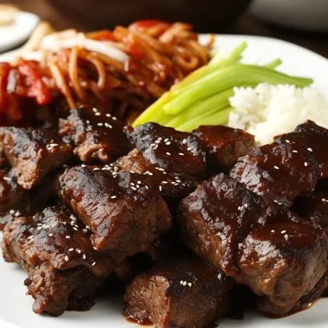 a close up of a plate of meat and rice with a side of vegetables