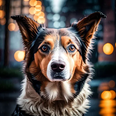 Portrait of a dog in the rain <lora:JourneyLoRA:1>, (good composition), (in frame), centered, 8k, 4k, detailed, attractive, beau...