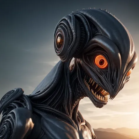 a close up of a humanoid with glowing eyes and a large head