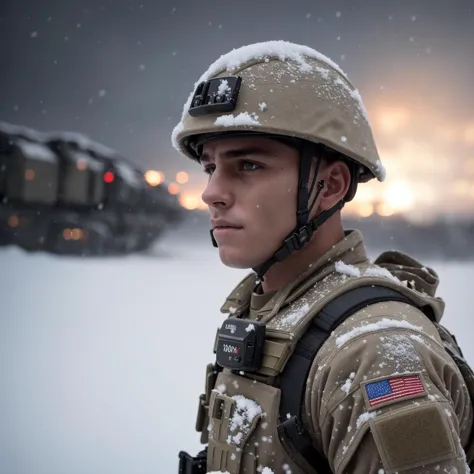 100mm dslr close up photograph of a solider, war, snow, dust, explosions, (good composition), (in frame), centered, 8k, 4k, deta...