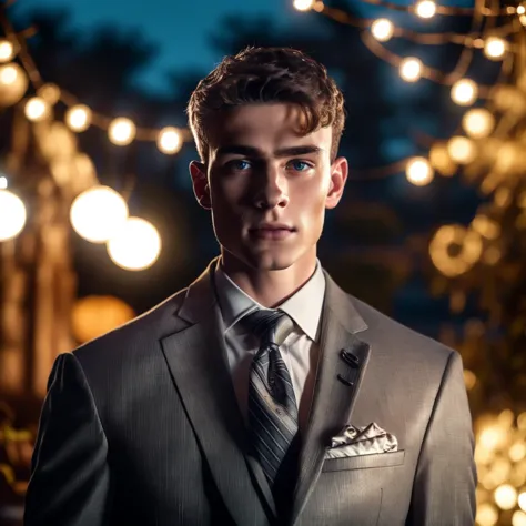 Realistic portrait of a young man, (suit and tie), outdoors, hanging lights, night time, depth of field <lora:JourneyLoRA:1>, (g...