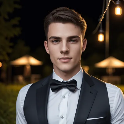 Realistic portrait of a young man, (suit and tie), outdoors, hanging lights, night time, depth of field, (good composition), (in frame), centered, 8k, 4k, detailed, attractive, beautiful, impressive, photorealistic, realistic, cinematic composition, volumetric lighting, high-resolution, vivid, detailed, stunning, professional, lifelike, crisp, flawless, DSLR, 4k, 8k, 16k, 1024, 2048, 4096, detailed, sharp, best quality, high quality, highres, absurdres