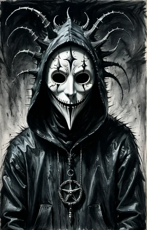 (((black charcoal sketch))),Surreal horror style by clive barker,surreal abstract art,hooded man wearing a mask,crazed demonic r...