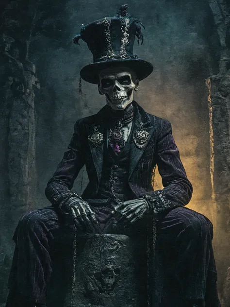 cinematic sombre photo  of (squelette terrifiant baron samedi:1.2),  lwa des morts, Vodou haïtien, sourire diabolique, assis sur une grande tombe, Dans un cimetière la nuit, brouillard, (chapeau en velours noir:1.3), violet ((costume écossais)), canne sculptée, des mains parfaites,  style du mardi gras,  éclairage verdâtre néfaste, (éclairage discret:1.2), (ombres:1.6),
dans une zdyna_Pose, angle hollandais, par le bas, scène d&#39;actions à faible angle de caméra, raccourci,
sombre, clair-obscur, (discret:1.2) portrait du mardi gras