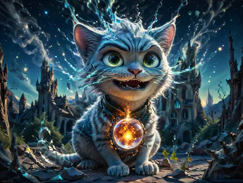 a man with enigmatic gaze cradling an ethereal, chaotic atomic fireball within a fragile, crystal-clear glass cat; luminous stre...