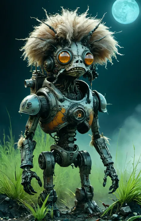 a robot with a furry head and large eyes standing in the grass