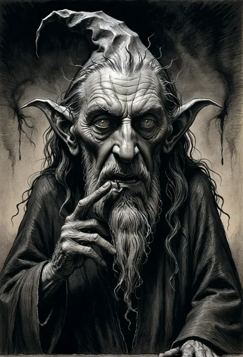 (((black charcoal sketch))),horror style by Pawel Kuczynski and clive barker and grim grimsley and Pär Olofsson,"gandalf",insanely detailed,insane imagination illustrated,sharp focus,creepy,never before seen art of an evil mastermind,demented dream