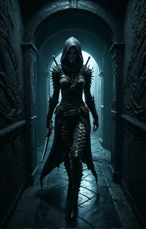 Horror-themed a female assassin looks around a dark corner in a hallway at the viewer,absurdres,intricately detailed,32K, glow e...