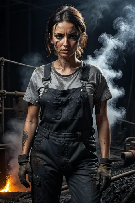 steel mill,sparks,molten steel being poured,steam,black smoke,smoke,volumetric,closeup portrait photo of woman in work overalls and a dirty tshirt,dirty skin,soot,gritty,28 years old,ziprealism ,<lora:add-detail-xl:1>, Full Body Photograph,Full Body Portrait, Full Body Visible, From a Distance,