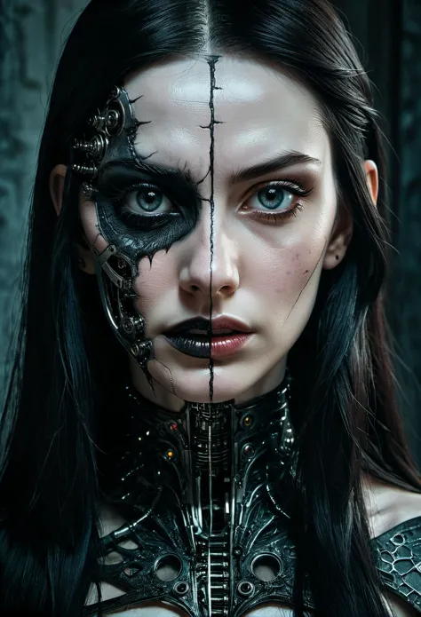 Hyperrealistic art imaginative dark gothic fantasy concept art,bleak,vibrant immersive woman's face split in half,left side is pale skin brightly lit,right side is dark cybernetic, Hyperrealistic art cinematic film still photography in the style of detailed hyperrealism photoshoot . Extremely high-resolution details, photographic, realism pushed to extreme, fine texture, incredibly lifelike