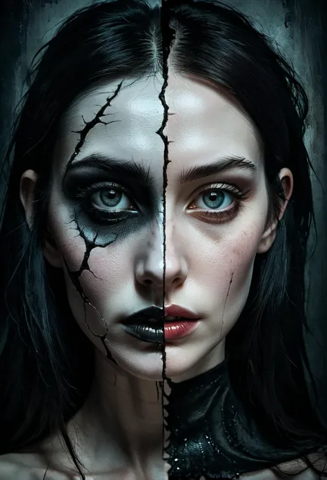 imaginative dark gothic fantasy concept art,bleak,vibrant immersive woman's face split in half,left side is pale skin brightly l...
