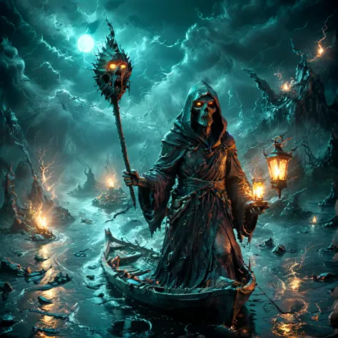 Gloomy Charon with an oar sails in a boat through the dark river Styx, long robe, hood, (night), a lantern on Charon's oar light...