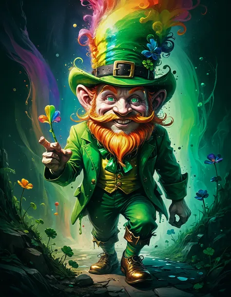 chromatic aberration, fusion of rainbow with leprechaun, artwork, fantasy art style,