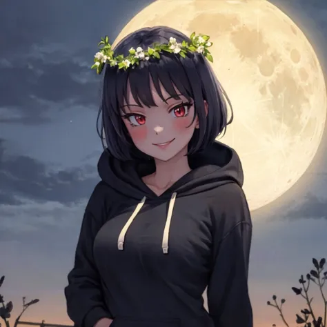 vibrant colors, colorful, seductive smile, solo, aged_up, full moon, upper body, 1girl , hoodie, short_hair, bangs, head_wreath, <lyco:misawaHiroshi-Locon:1.0>