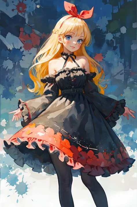 ultra detailed, masterpiece, best quality, solo, soft smile, light smile,
1girl, blue eyes, very long hair, blonde hair, long blonde hair, french braid, bangs, medium breasts,
hair ribbon, frilled choker, criss-cross halter, sleeveless dress, high-waist skirt, backless dress, waist bow, detached sleeves, frilled sleeves, wide sleeves, pantyhose, patterned legwear, mary janes,  <lora:misawaHiroshi:1> painting \(medium\), traditional media, watercolor \(medium\)