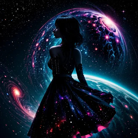 a woman in a dress standing in front of a galaxy