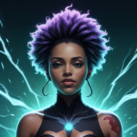 <lora:Black_Women:0.81> comic book style, flat colors, rosalinenobodysd15, BREAK  portrait, solo, from front, front view, upper body, looking down, detailed background, detailed face, (<lora:ElementalMagicAIv2:0.6>, fireMagicAI theme:1.1),  audio-wizard, wearing maroon spellcaster clothes,  smile, unleashing colorful flowing sound waves, concetric soundwave circles, humming with energy, harmonious tattoos,  dynamic pose, frequency control, sonic whirlwind,  audio visualisation,  electronics in background, soundwaves as colors epic atmosphere,