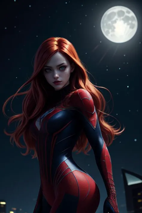 (best quality, masterpiece, colorful, dynamic angle, highest detailed) upper body photo, fashion photography of cute, intense long red hair, \Mary Jane\ in spiderman suit, (ultrahigh resolution textures), in dynamic pose, bokeh, glowing web, (intricate details, hyperdetailed:1.15), detailed, moonlight passing through hair, perfect night, colorful fantasy art background, (official art, extreme detailed, highest detailed), HDR+