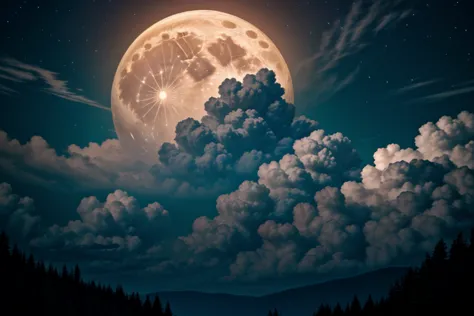 a full moon is seen above the clouds in the night sky