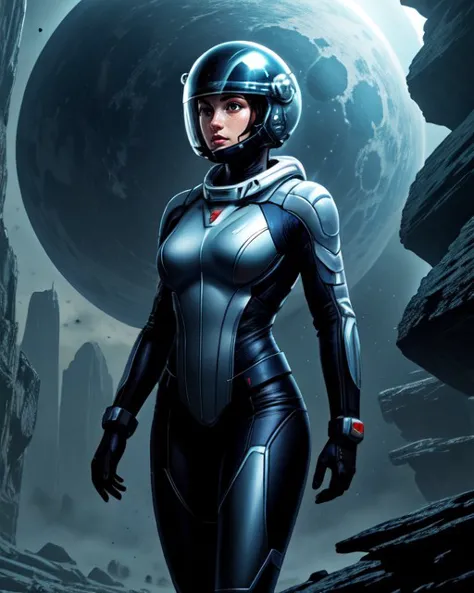 Comic Illustration, low camera angle, medium shot, of a female astronaut exploring an alien world, pretty face BREAK (Wearing an...