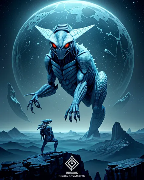 a poster of a giant alien creature with red eyes and a man standing on a rock