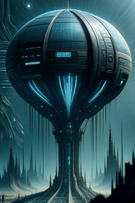 a futuristic city with a large balloon floating over it