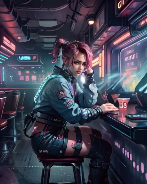 <lora:symix-preview-4-5:0.7>, beautiful cyberpunk woman, LCD screens and fiber optic cables, inspired by netrunner, cyberpunk st...