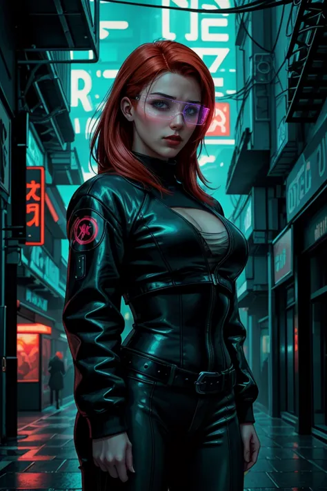 a woman in a black leather outfit standing in a dark alley