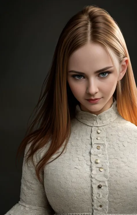 a close up of a woman with long red hair wearing a white dress