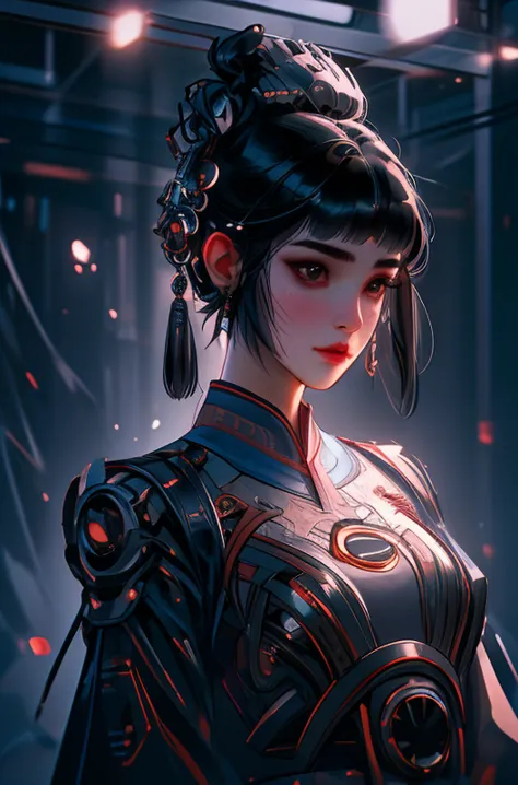 a woman in a futuristic outfit with a black hair and a red light