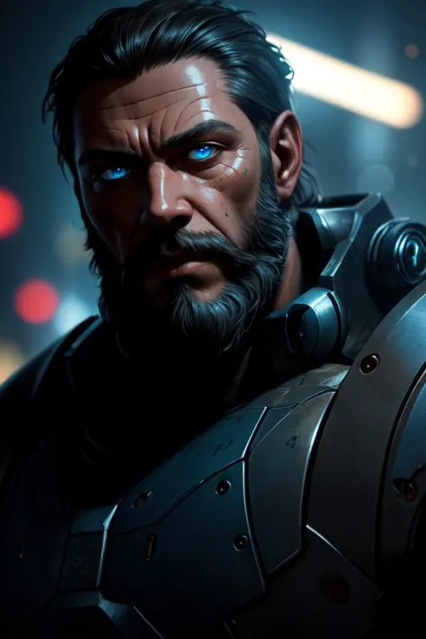 a man with a beard and blue eyes in a futuristic suit