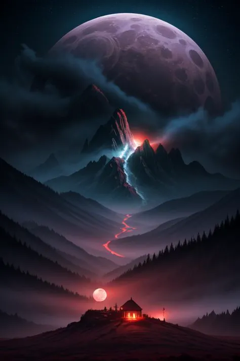 a painting of a mountain with a full moon in the background