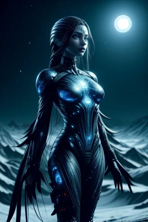 a woman in a futuristic suit standing in the snow