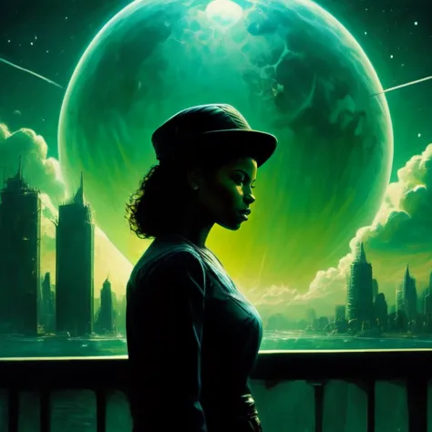 a woman standing on a bridge looking at a green planet