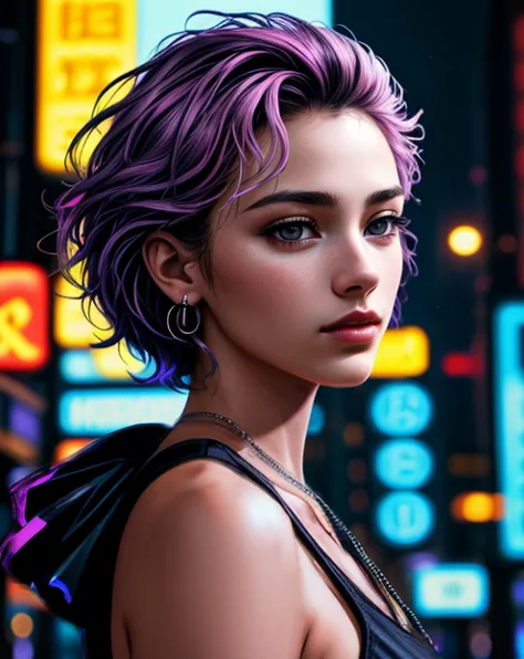 a woman with purple hair and piercings standing in front of neon signs