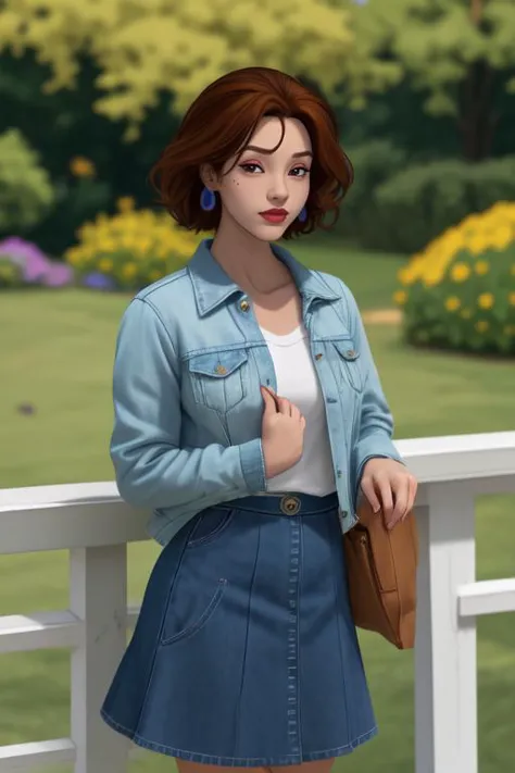 (masterpiece, best quality:1.2), <lora:discreenvisionv2:1>, discreenvision, 1girl, solo, jacket, hair ornament, brown hair, skirt, denim jacket, looking at viewer, hairclip, short hair, shirt, cloud, outdoors, sky, mole under eye, mole, black skirt, white shirt, denim, railing, parted lips, bangs, purple eyes,