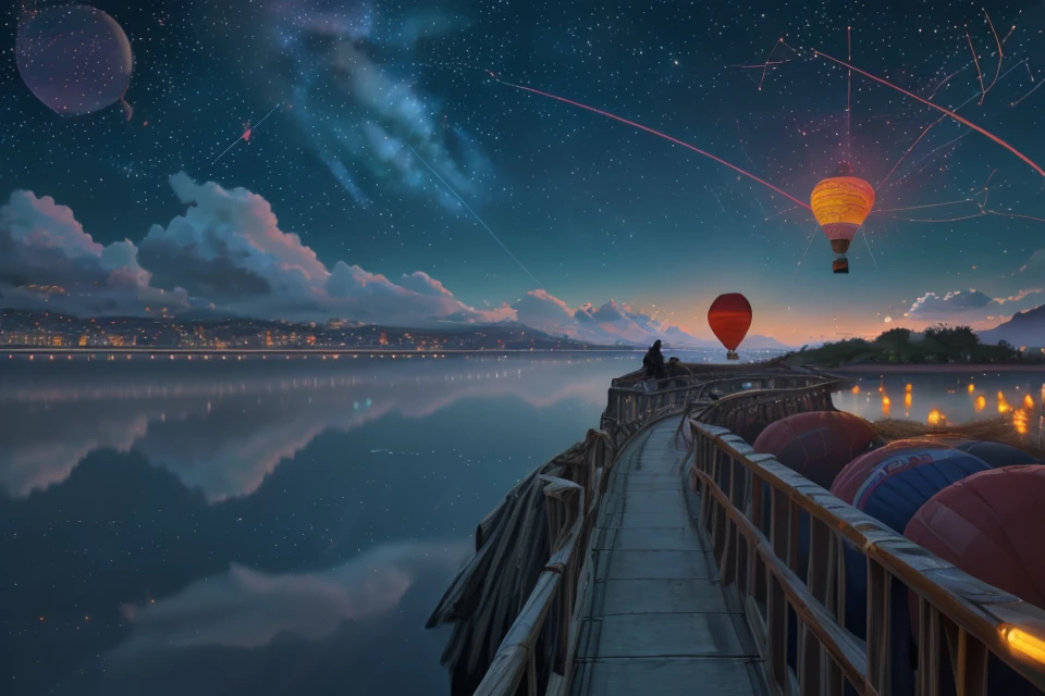 Atop a vibrant hot air balloon, drifting through a cloud-streaked sky, Futuristic Hoverboard Racing Stadium Lights, Ancient celestial map,Constellations etched in ancient stone, Calm lakeside fishing,Reflections on still waters under a clear skyGlowing autumn lanterns,Soft lights adorning fall landscapes, Embarking on an epic journey across uncharted seas., 