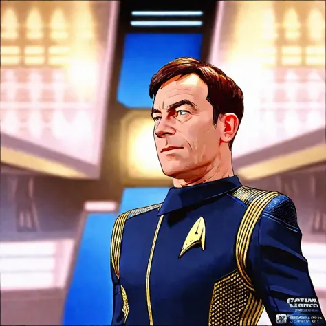 Tirar o fôlego (capitão Lorca:1.1), homem, Uniforme de Star Trek, azul, na ponte da uss discovery  . premiado, profissional, Altamente detalhado