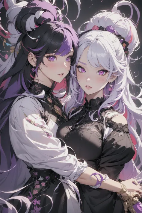 <lora:neg4all_bdsqlsz_V3.5:1> 2girls, long hair, detailed multicolored hair, white hair, purple hair, detailed black eyes, ((highly detailed eyes)), detailed face, beautiful face, masterpiece, high quality, high detail, artistic background, front view,