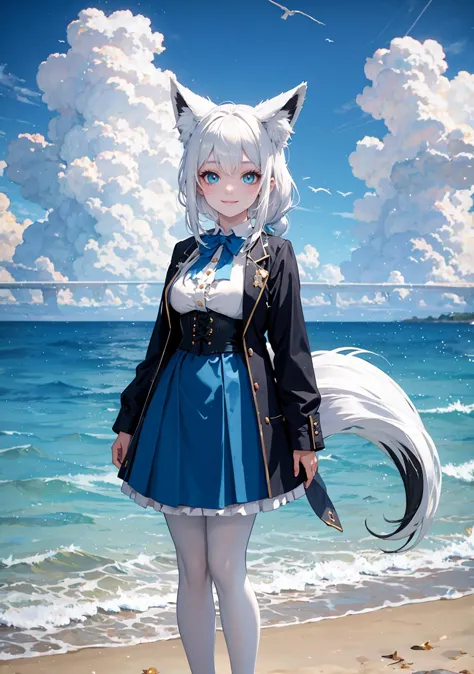 (masterpiece,best quality:1.4), high resolution, Front face lighting
xray girl, full body, little body, cute woman, highlight, fantasy scenery,
smile,
shiny skin, shiny hair, large breasts,
(fox tail:1.2)
fubukielegant, (braided ponytail), blue coat, blue bowtie, buttoned corset, collared shirt, long skirt, grey skirt, frills, (white pantyhose:1.4), white hair
outdoors, fantasy_cloud, scenery, sky, fantasy_ocean, day, watercraft, beach, water, horizon, fantasy cloudy sky, blue sky, sand, bird,
<lora:light powder:0.7>
 <lora:fubuki:0.5>